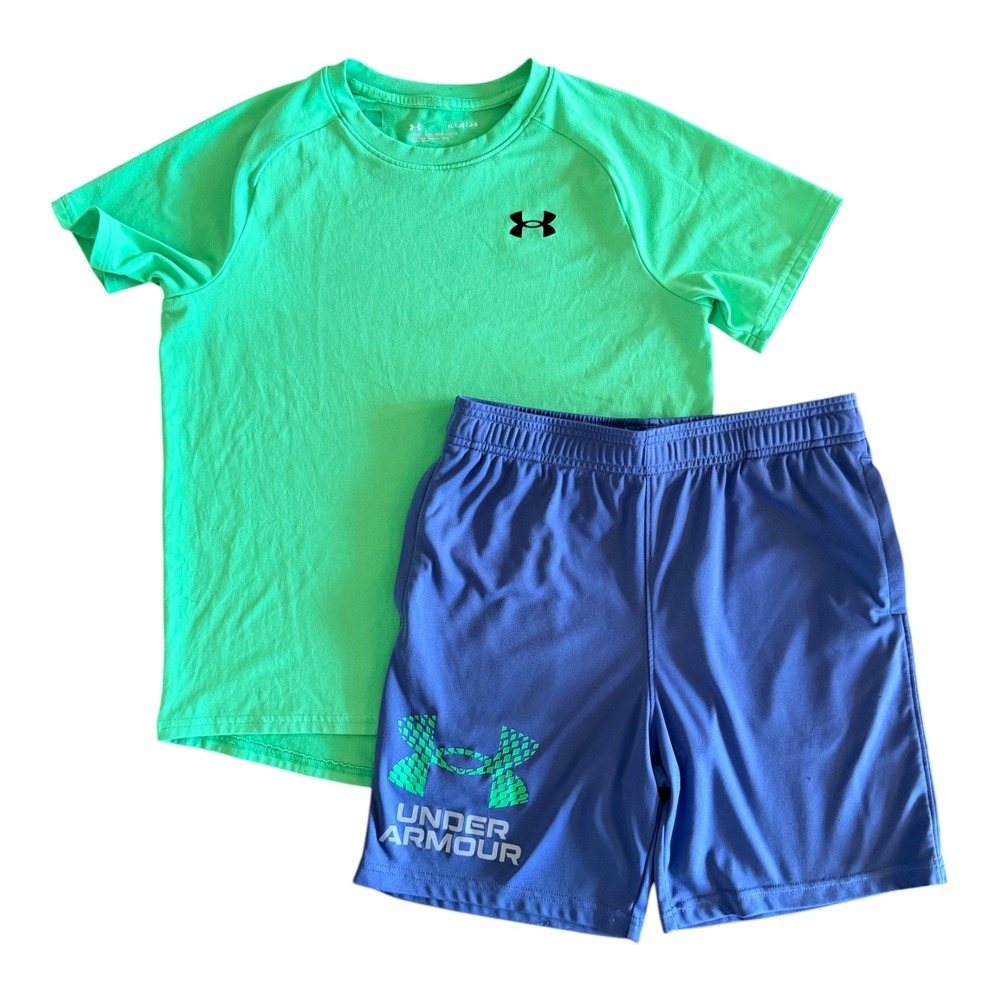 Under Armour Boys Green Blue Athletic Shirt Shorts Outfit Set - Youth Large